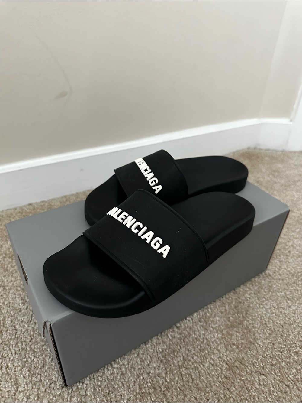 Balenciaga Authentic Black Slide Sandals with White Logo - Picture 3 of 9